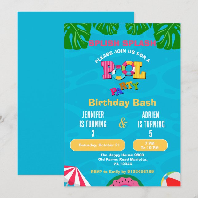 Splish Splash Joint Pool Party Birthday Invitation (Front/Back)