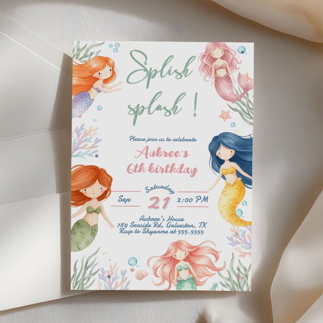 Splish Splash Mermaid 6th Birthday  Invitation (Creator Uploaded)