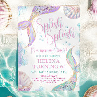 Splish Splash Mermaid 6th Birthday Invitation