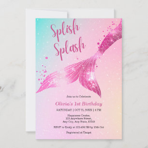 Splish Splash Mermaid Baby Girl 1st Birthday Invitation