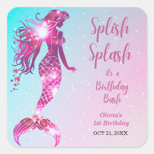 Splish Splash Mermaid Baby Girl 1st Birthday Square Sticker