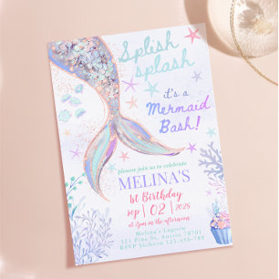 Splish Splash Mermaid Bash Birthday Girl Glitter Invitation