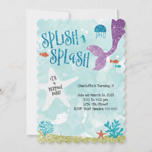 Splish Splash Mermaid Bash Birthday Invitation  (Front)