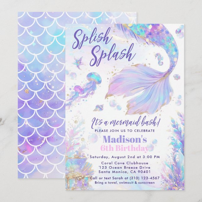 Splish Splash Mermaid Bash Birthday Invitation (Front/Back)
