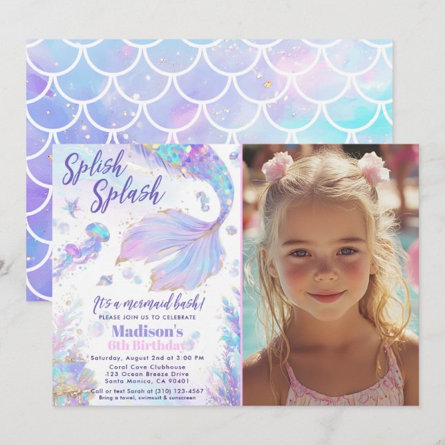 Splish Splash Mermaid Bash Birthday Invitation (Front/Back)