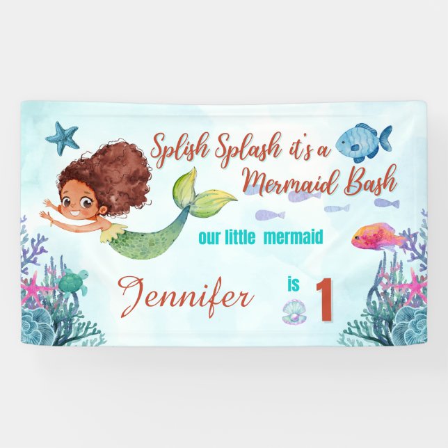 Splish Splash Mermaid Bash Girls 1st Birthday Banner (Horizontal)