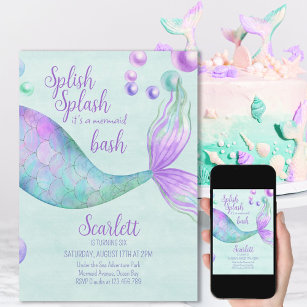 Splish Splash Mermaid Bash Girls Birthday Party Invitation