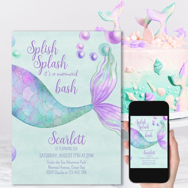 Splish Splash Mermaid Bash Girls Birthday Party Invitation (Creator Uploaded)
