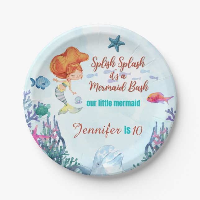 Splish Splash Mermaid Bash Girls Birthday Party Pa Paper Plate (Front)