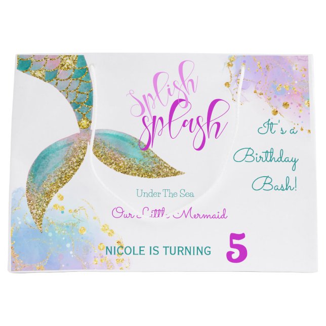 Splish splash mermaid birthday bash large gift bag (Front)