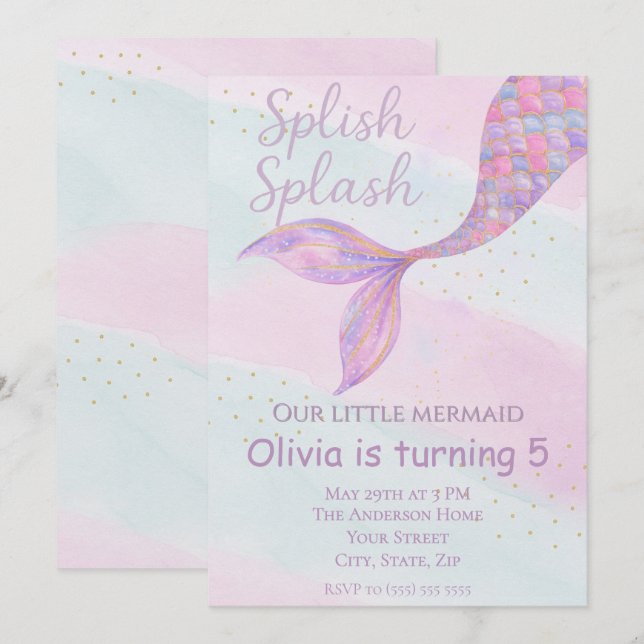 Splish Splash Mermaid Birthday Invitation (Front/Back)