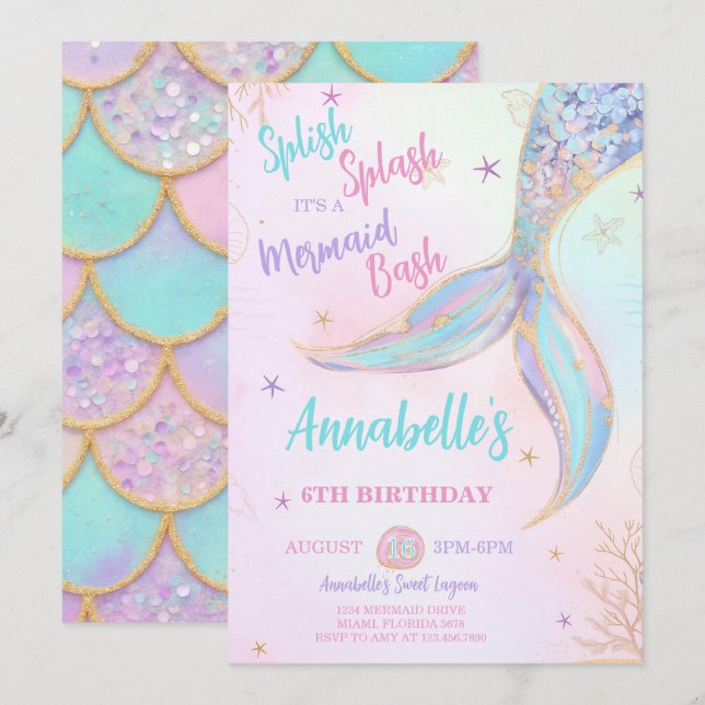 Splish Splash Mermaid Birthday Invitation (Front/Back)