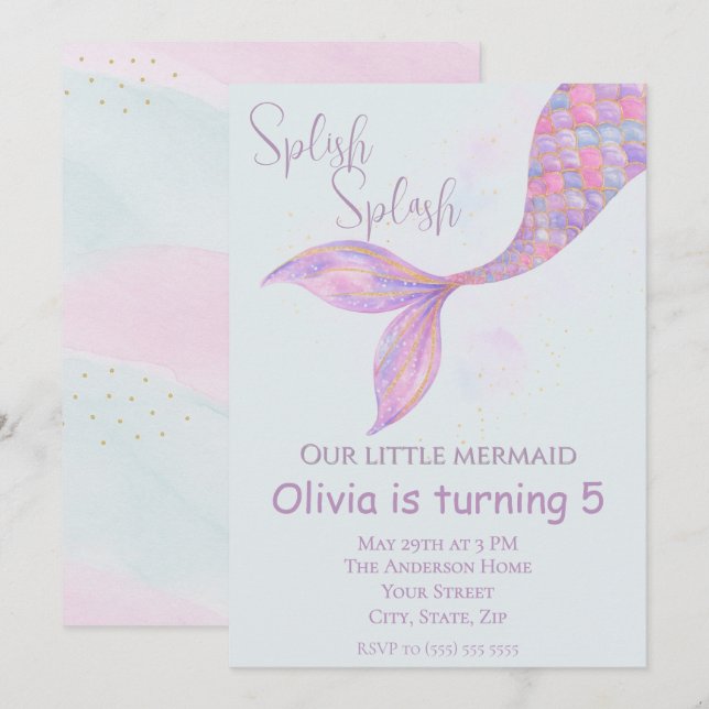 Splish Splash Mermaid Birthday Invitation (Front/Back)