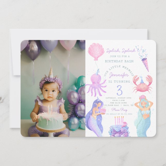 Splish Splash Mermaid Birthday Photo  Invitation (Front)
