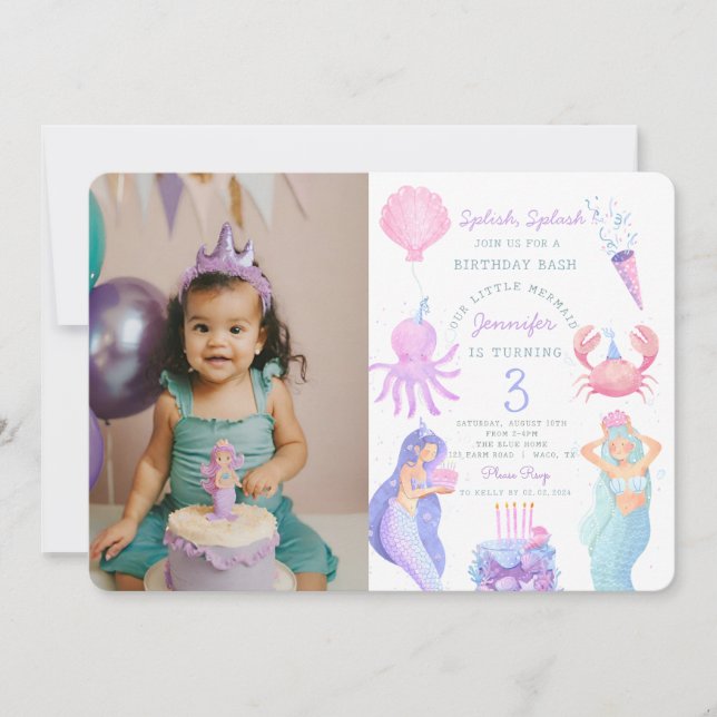 Splish Splash Mermaid Birthday Photo  Invitation (Front)