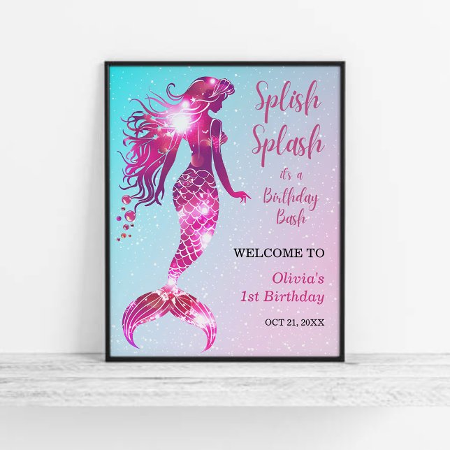 Splish Splash Mermaid Girl 1st Birthday Welcome  Poster (Splish Splash Mermaid Girl 1st Birthday Welcome Sign )