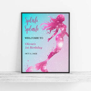 Splish Splash Mermaid Girl 1st Birthday Welcome Poster