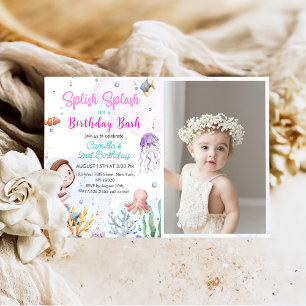 Splish Splash Mermaid Girl 2nd Birthday Photo Invitation