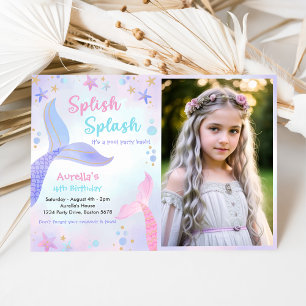 Splish Splash Mermaid Girl 4th Birthday Photo Invitation