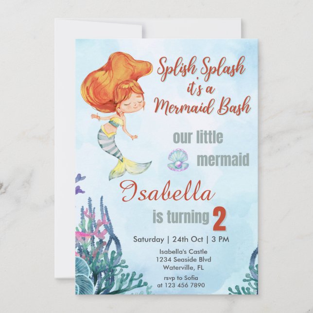 Splish Splash Orang Mermaid Bash 2nd Birthday Girl Invitation (Front)