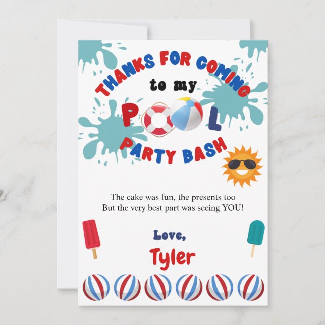Splish Splash Pool Birthday Party Thank You Card (Front)