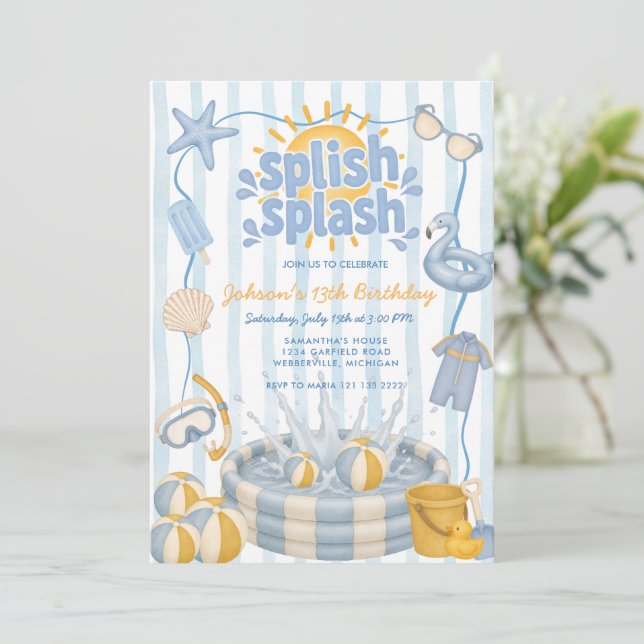 Splish Splash Pool Boy Party Birthday Invitation (Standing Front)