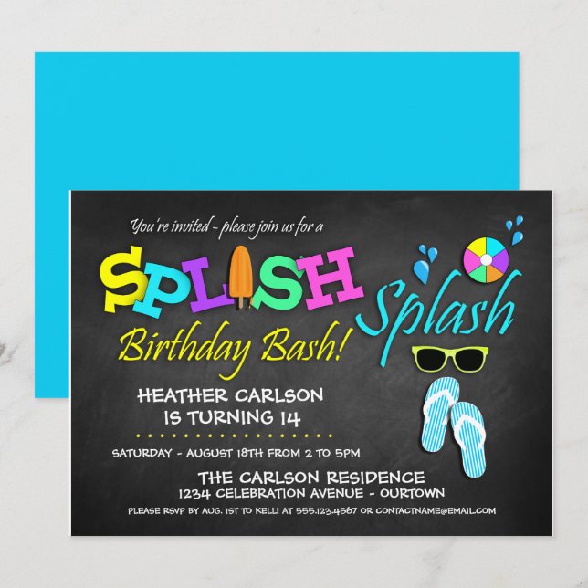 Splish Splash Pool Party Birthday Invitations (Front/Back)