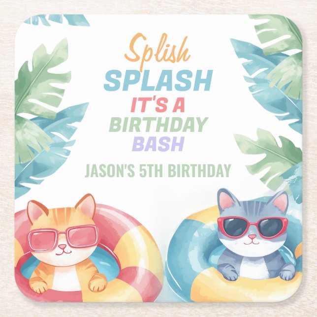 Splish Splash Pool Party Birthday Square Paper Coaster (Front)