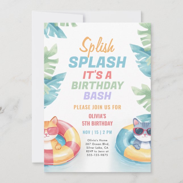 Splish Splash Pool Party Girl Birthday Invitation (Front)