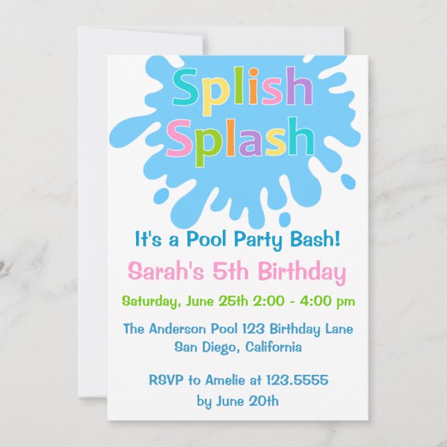 Splish Splash Pool Party Girl Birthday Invitation (Front)