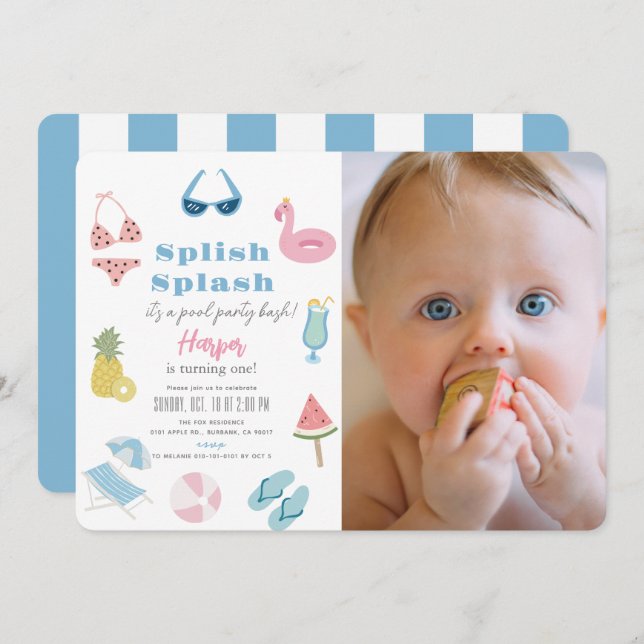 Splish Splash Pool Party Girl Photo 1st Birthday Invitation (Front/Back)