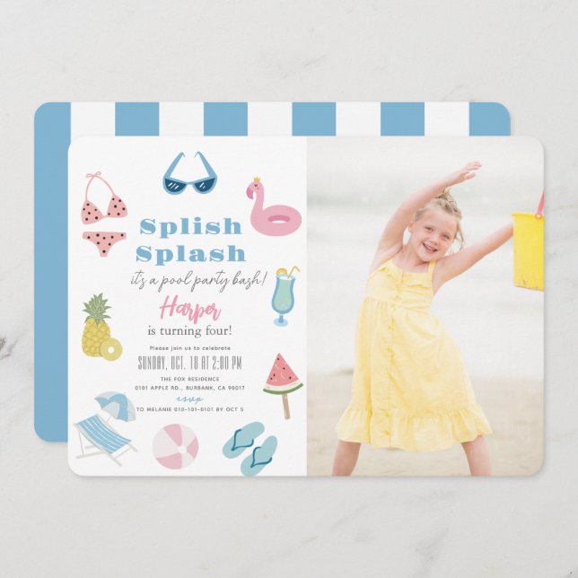 Splish Splash Pool Party Girl Photo Birthday Invitation (Front/Back)