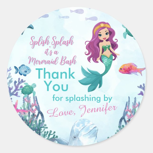 Splish Splash Purple Mermaid Bash Thank You Classic Round Sticker (Front)