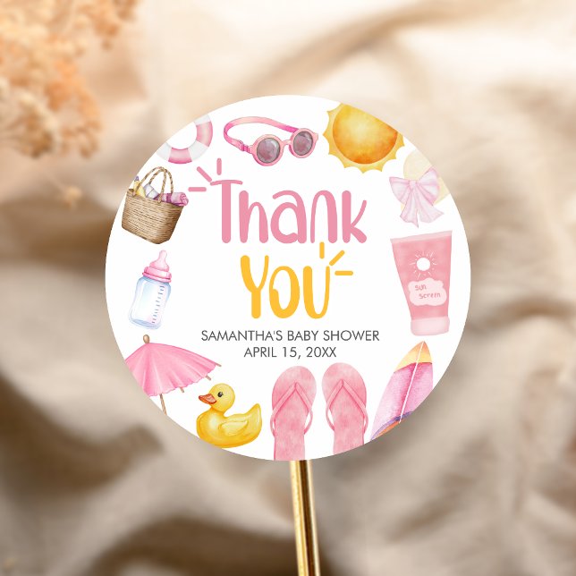 Splish Splash Summer Baby Shower Classic Round Sticker (Pink Splish Splash Baby Shower Sticker)