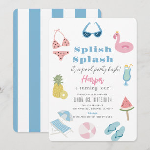 Splish Splash Summer Pool Party Girl Birthday Invitation