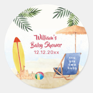 Splish Splash Surfboard Sand Beach Boy Baby Shower Classic Round Sticker