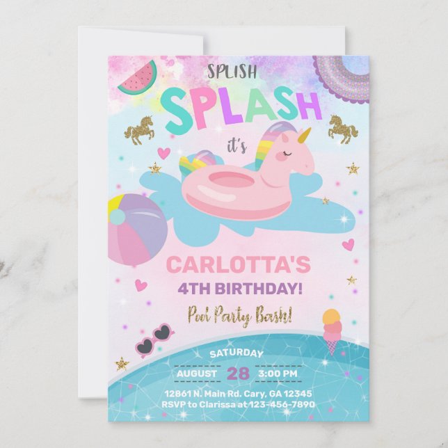 Splish splash unicorn pool party birthday invite. invitation (Front)