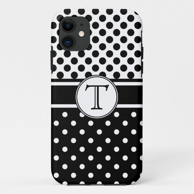 Split Black White Polka Dot Pattern Monogram Case-Mate iPhone Case (Back)