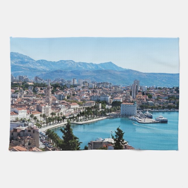 Split city seafront aerial view, Dalmatia, Croatia Tea Towel (Horizontal)