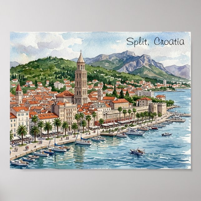 Split Croatia Dalmatia Balkan Watercolor Art View  Poster (Front)