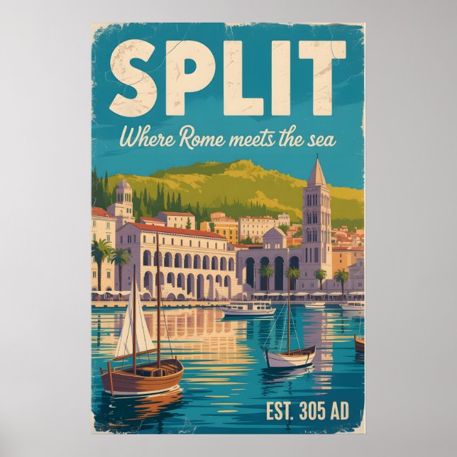 Split Croatia Retro Cityscape Travel Poster (Front)