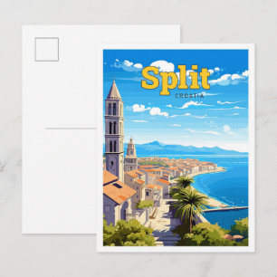 Split Croatia Travel Art Vintage Illustration Postcard
