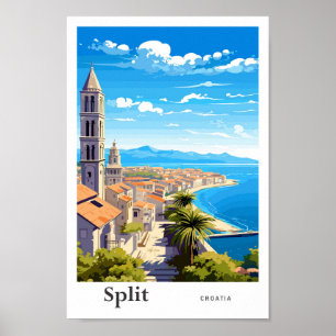 Split Croatia Travel Art Vintage Illustration Poster