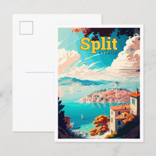 Split Croatia Travel Vintage Illustration Postcard
