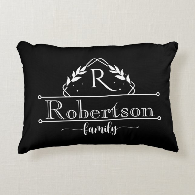 Split Monogram Family Name Black & White Frame Decorative Cushion (Front)