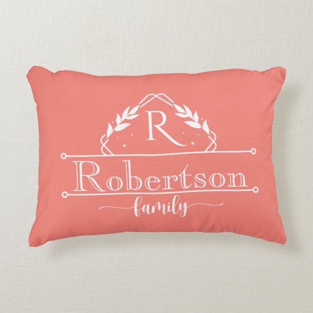 Split Monogram Family Name Coral Pink Frame Decorative Cushion (Front)