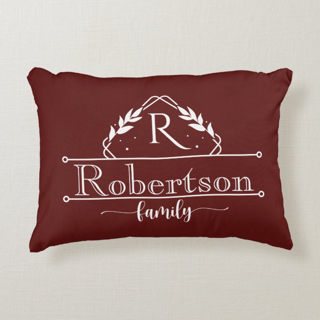 Split Monogram Family Name Deep Burgundy Frame Decorative Cushion (Front)