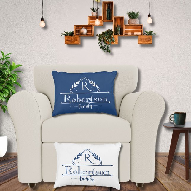 Split Monogram Family Name Midnight Blue Frame Decorative Cushion (Creator Uploaded)