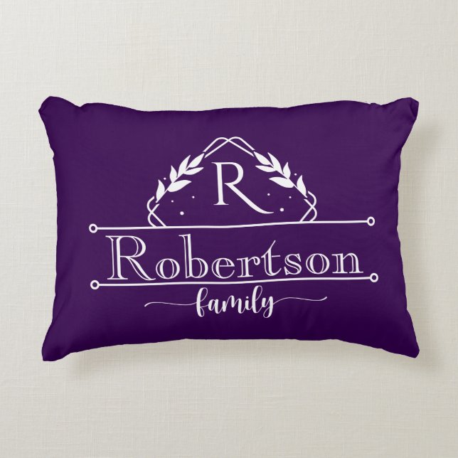 Split Monogram Family Name Royal Purple Frame Decorative Cushion (Front)