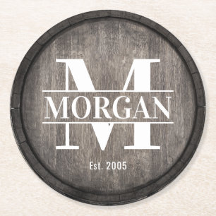 Split Monogram Family Name Rustic Dark Wooden Round Paper Coaster